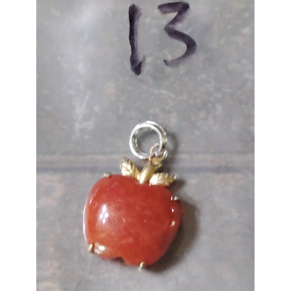 Vintage Red Stone Apple Charm Pendant Gold Tone Openwork Cutout Back Womens